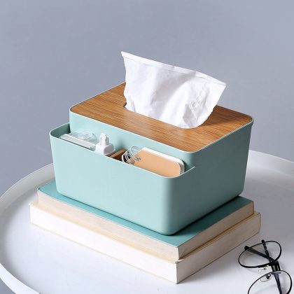 Green Plastic Tissue Paper Storage Organizer Box With Wooden Lid